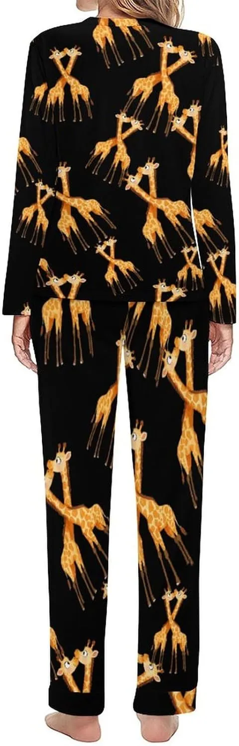 Cute Giraffe Couple Women's Pajama Set Long Sleeve T-shirts Top & Pant Comfort Sleepwear Loungewear