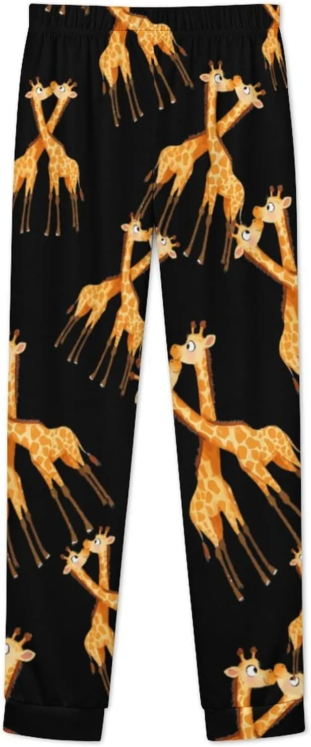 Cute Giraffe Couple Women's Pajama Set Long Sleeve T-shirts Top & Pant Comfort Sleepwear Loungewear