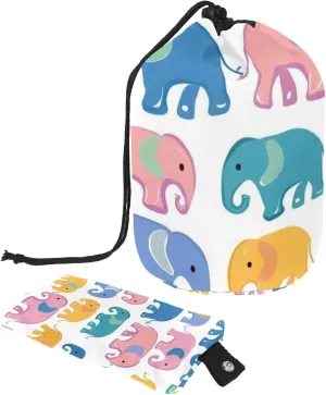 Cute Pink Blue Elephants Travel Cosmetic Bags Makeup Bag for Women, Foldable Drawstring Travel Cosmetic Bags, Portable Toiletry Bucket Bag