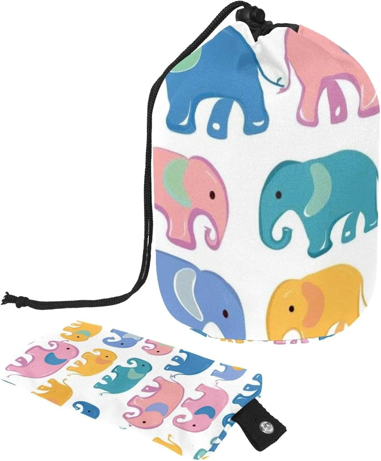 Cute Pink Blue Elephants Travel Cosmetic Bags Makeup Bag for Women, Foldable Drawstring Travel Cosmetic Bags, Portable Toiletry Bucket Bag