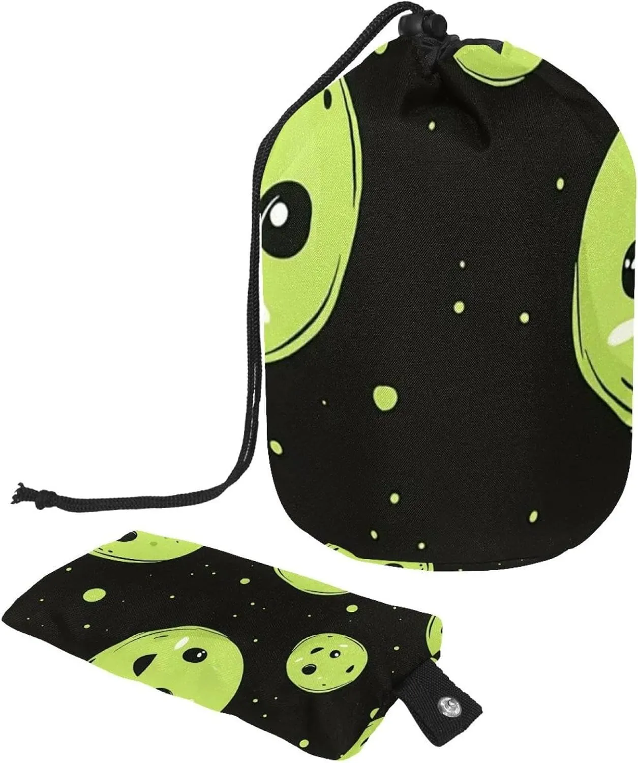 Cute Round Green Alien Moon 29 Travel Cosmetic Bags Makeup Bag for Women, Foldable Drawstring Travel Cosmetic Bags, Portable Toiletry Bucket Bag