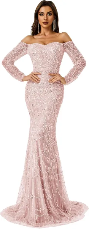 Datangep Luxury Bead Champagne Prom Dresses Off Shoulder Long Sleeves Mermaid Evening Dress Formal Party Gowns