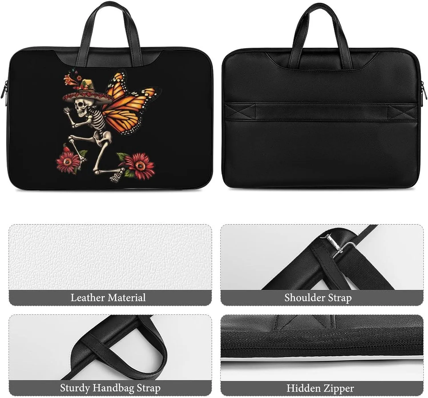 Day of The Dead Skull Skeleton Monarch Butterfly Laptop Tote Bag Waterproof Computer Carrying Case Business Office Briefcase
