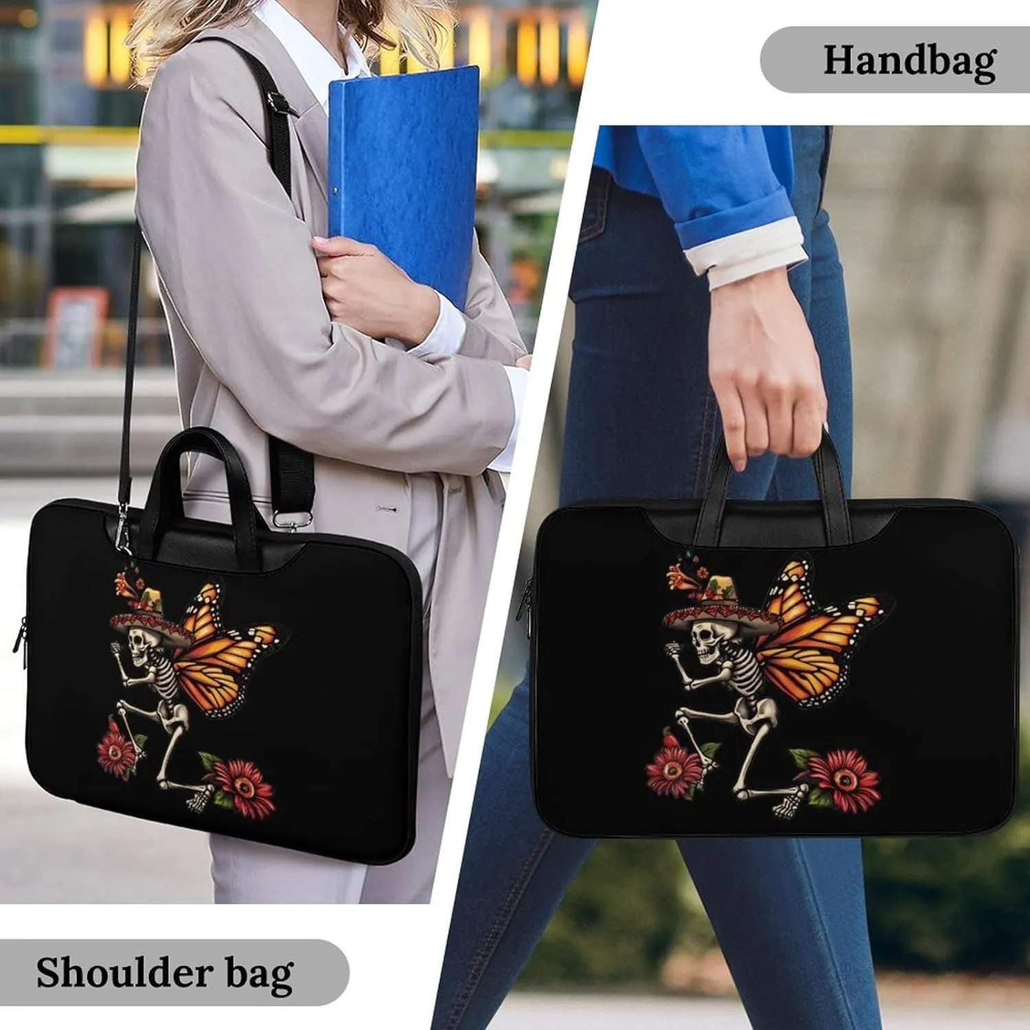 Day of The Dead Skull Skeleton Monarch Butterfly Laptop Tote Bag Waterproof Computer Carrying Case Business Office Briefcase