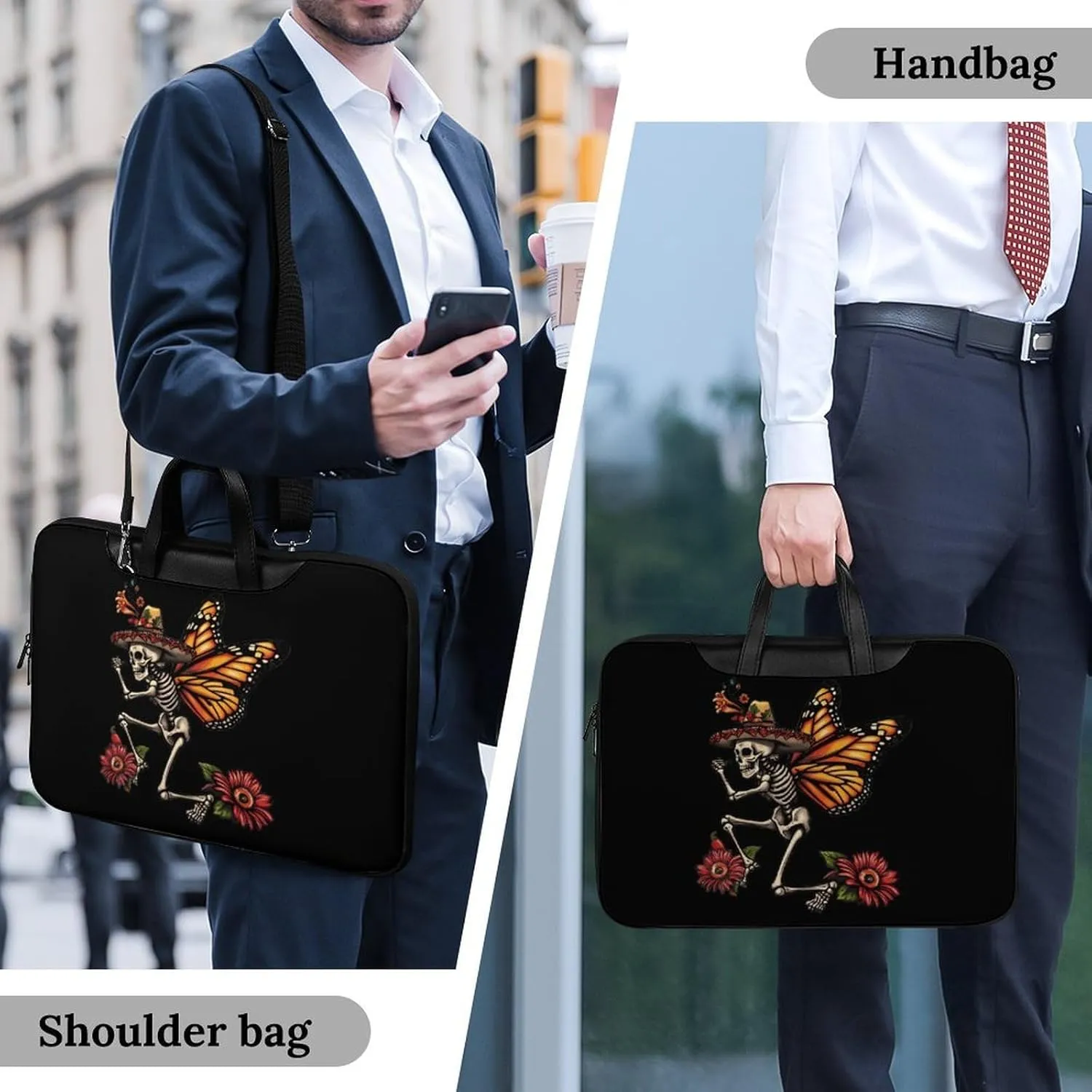 Day of The Dead Skull Skeleton Monarch Butterfly Laptop Tote Bag Waterproof Computer Carrying Case Business Office Briefcase