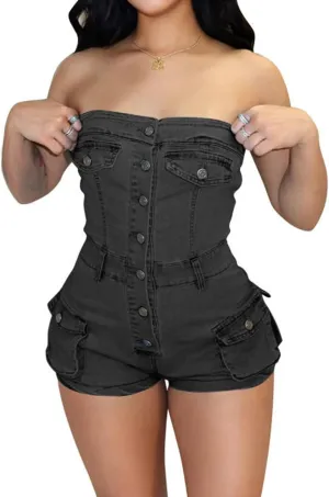 Denim Shorts Jumpsuit for Women, Summer Cargo Casual Pockets One Piece Strapless Romper Jean Overalls Shorts