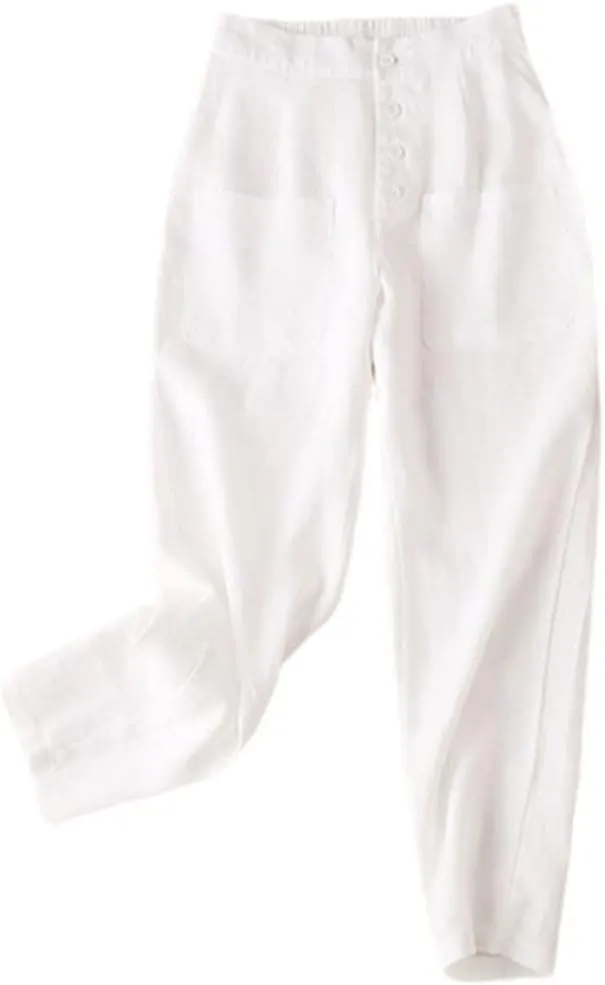 Disimlarl Cotton Linen Pants Women Solid Color Harem Pants Elastic Waist Loose Casual Linen Trousers