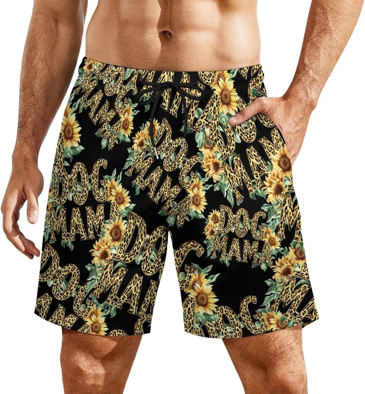 Dog Lover Mama Casual Beach Shorts for Men Elastic Waist Drawstring Swim Shorts With Compression Liner