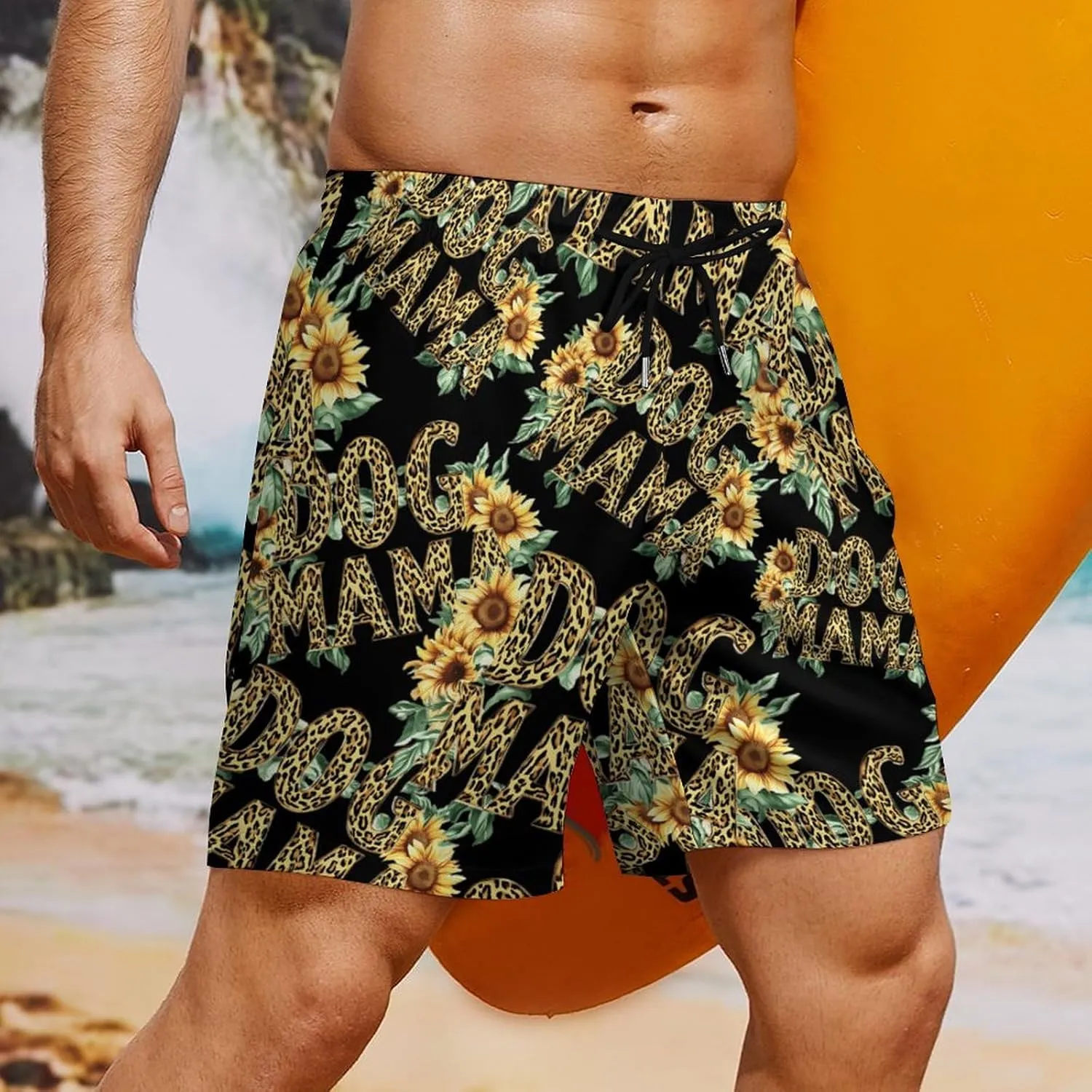 Dog Lover Mama Casual Beach Shorts for Men Elastic Waist Drawstring Swim Shorts With Compression Liner
