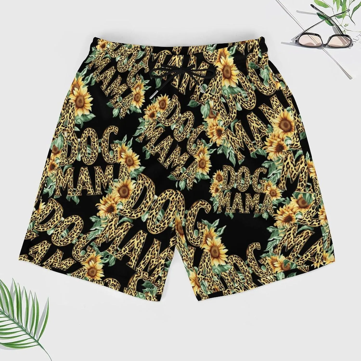 Dog Lover Mama Casual Beach Shorts for Men Elastic Waist Drawstring Swim Shorts With Compression Liner