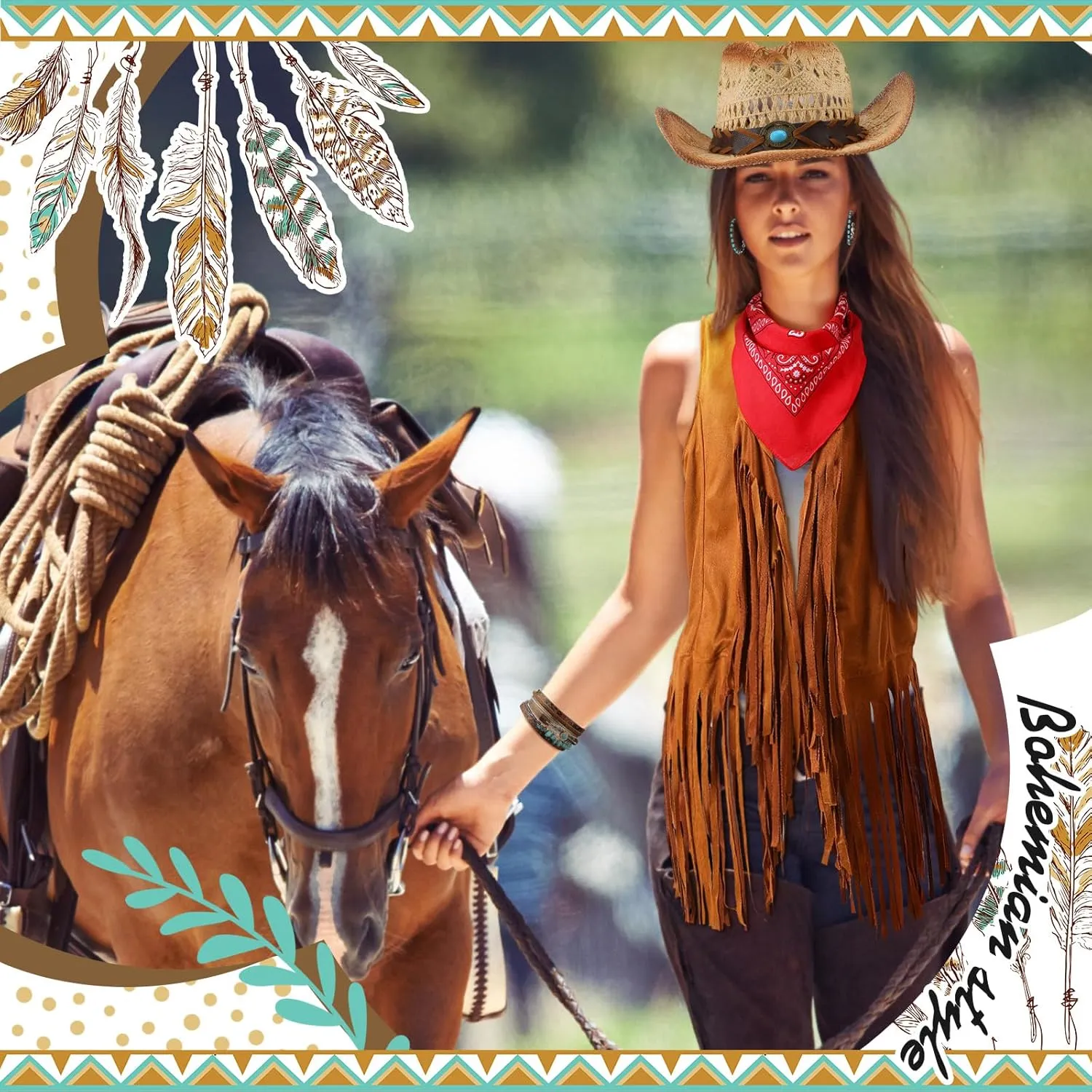 Ecally 7 Pcs Western Cowgirl Outfit Tassels Fringe Vest Bohemian Turquoise Jewelry Kit Cowboy Hat Bandana for Women Cosplay