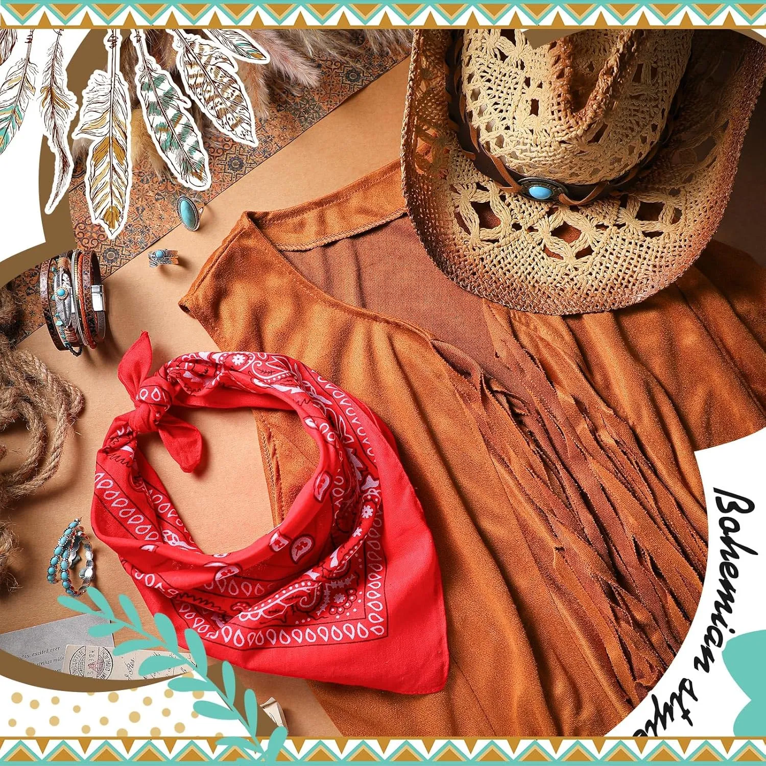 Ecally 7 Pcs Western Cowgirl Outfit Tassels Fringe Vest Bohemian Turquoise Jewelry Kit Cowboy Hat Bandana for Women Cosplay