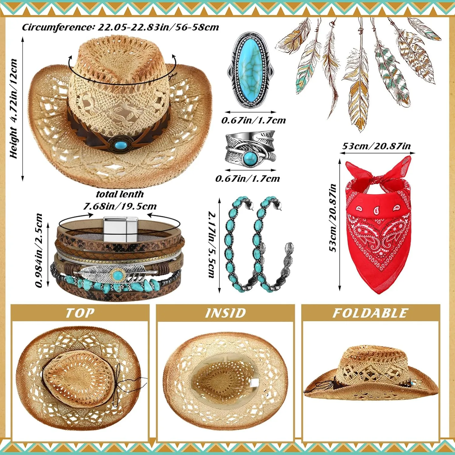 Ecally 7 Pcs Western Cowgirl Outfit Tassels Fringe Vest Bohemian Turquoise Jewelry Kit Cowboy Hat Bandana for Women Cosplay