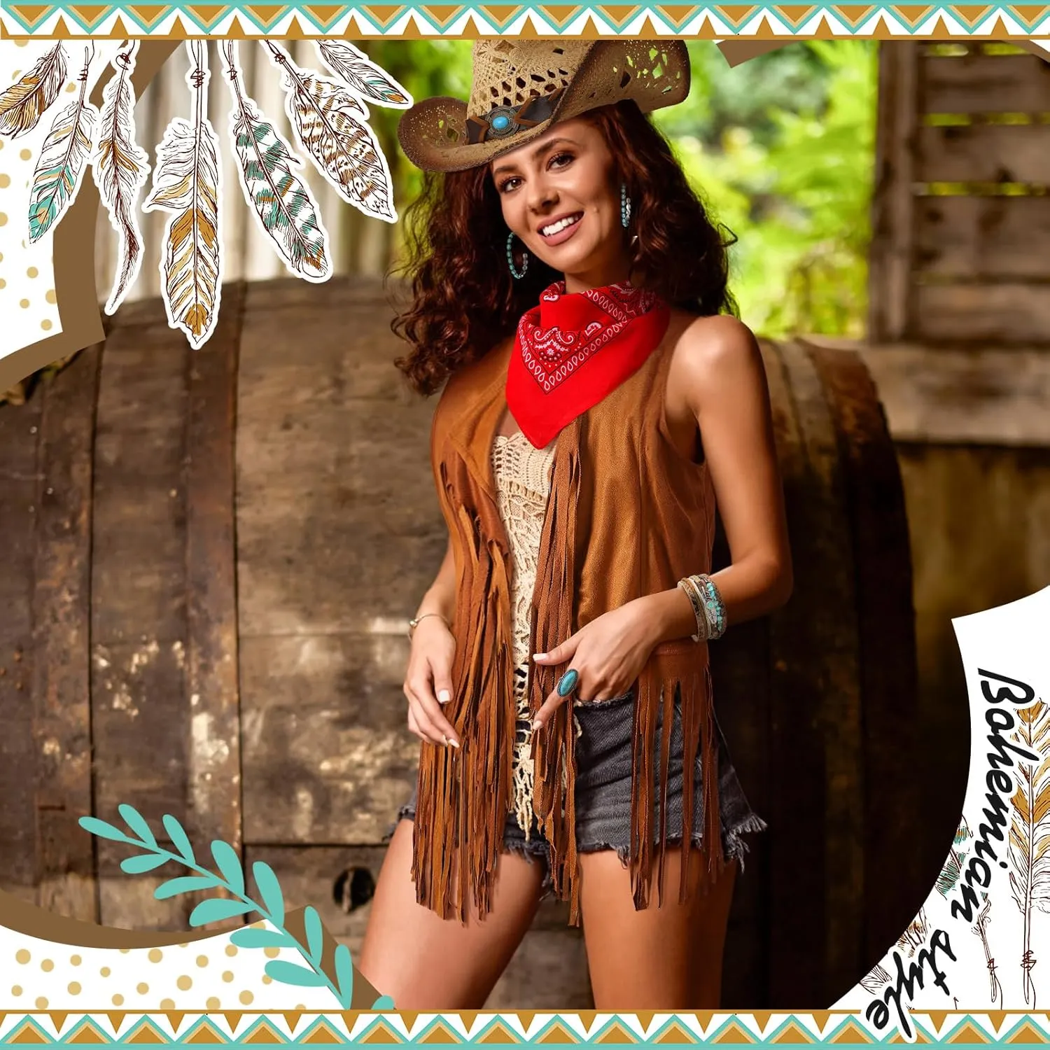 Ecally 7 Pcs Western Cowgirl Outfit Tassels Fringe Vest Bohemian Turquoise Jewelry Kit Cowboy Hat Bandana for Women Cosplay