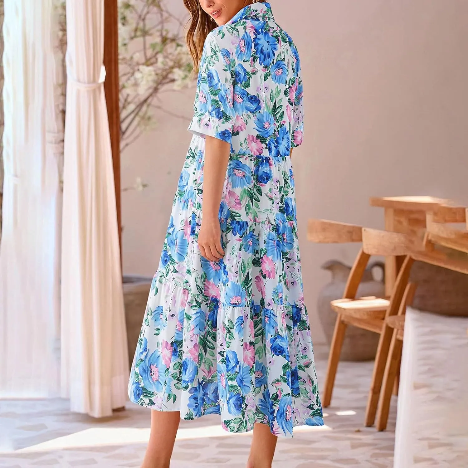 Eduavar Midi Dresses for Women 2024 Summer Elegant Dresses for Women Floral Print Short Sleeve Flowy Midi Dress with Pockets
