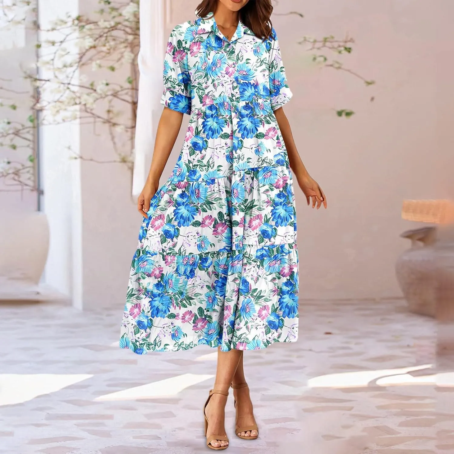 Eduavar Midi Dresses for Women 2024 Summer Elegant Dresses for Women Floral Print Short Sleeve Flowy Midi Dress with Pockets