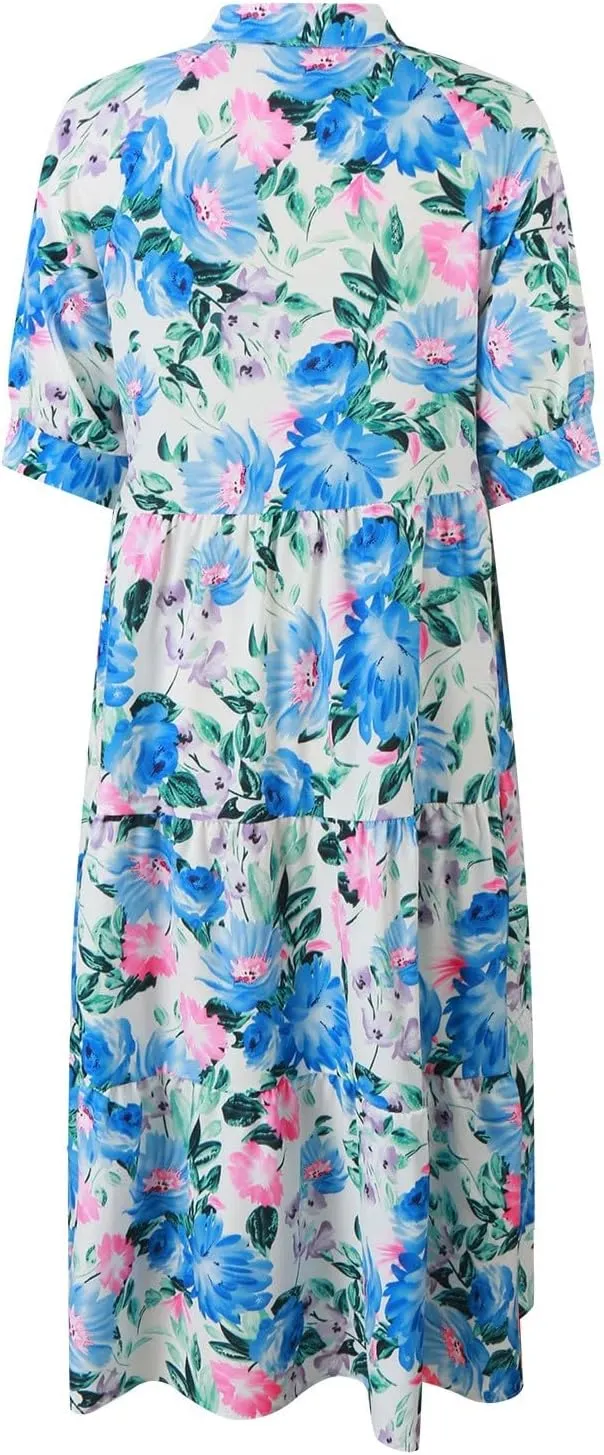 Eduavar Midi Dresses for Women 2024 Summer Elegant Dresses for Women Floral Print Short Sleeve Flowy Midi Dress with Pockets