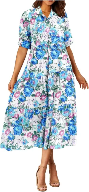 Eduavar Midi Dresses for Women 2024 Summer Elegant Dresses for Women Floral Print Short Sleeve Flowy Midi Dress with Pockets