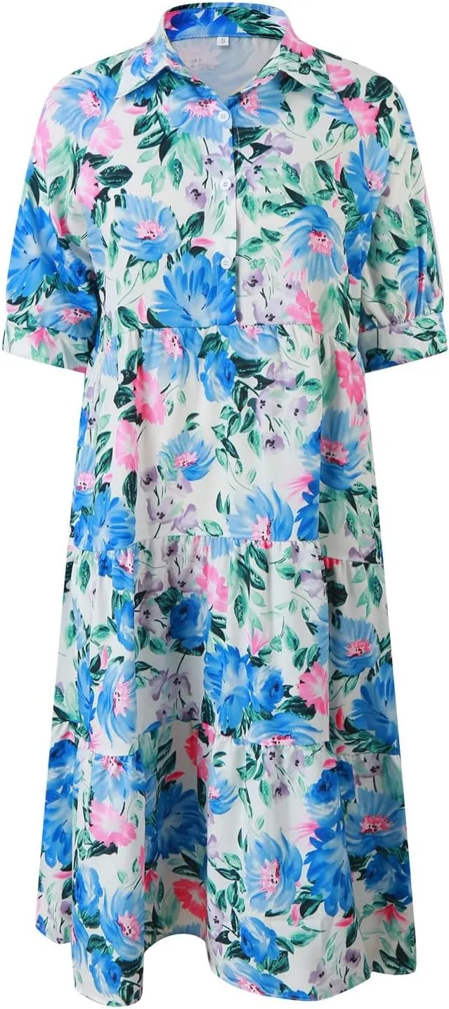 Eduavar Midi Dresses for Women 2024 Summer Elegant Dresses for Women Floral Print Short Sleeve Flowy Midi Dress with Pockets