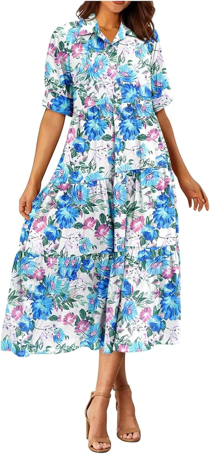 Eduavar Midi Dresses for Women 2024 Summer Elegant Dresses for Women Floral Print Short Sleeve Flowy Midi Dress with Pockets