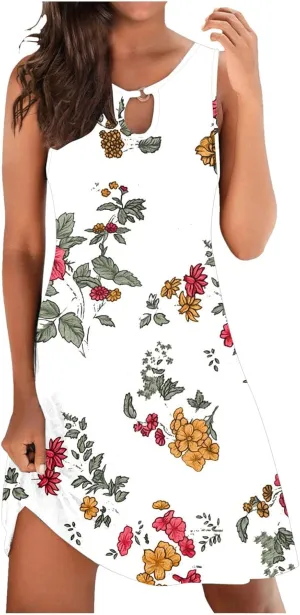 Eduavar Mini Dresses for Women Summer, Summer Casual Dresses for Women Floral Print Keyhole Sleeveless Round Neck Mini Dress