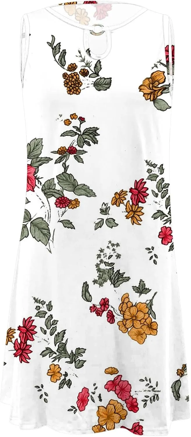 Eduavar Mini Dresses for Women Summer, Summer Casual Dresses for Women Floral Print Keyhole Sleeveless Round Neck Mini Dress