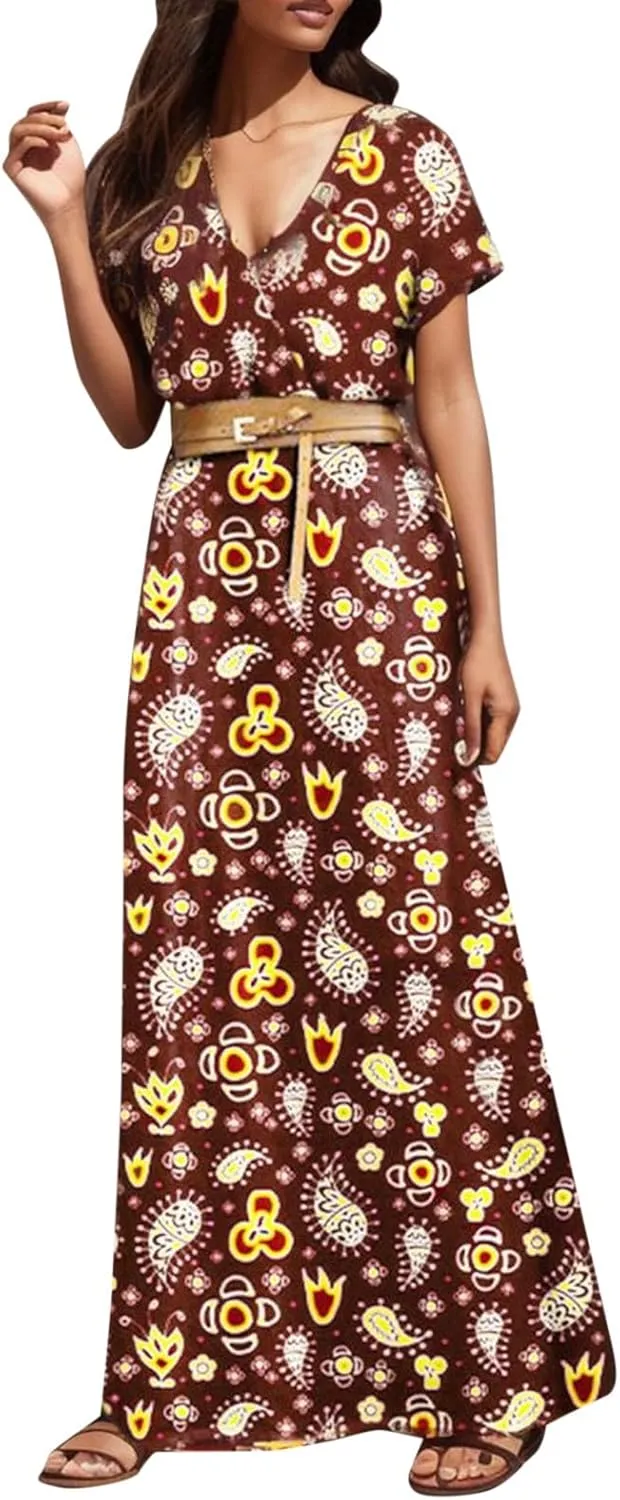 Eduavar Summer Dresses for Women 2024, Boho Dresses for Women 2024 Floral Print Long Dress Sexy V Neck Short Sleeveless Dress