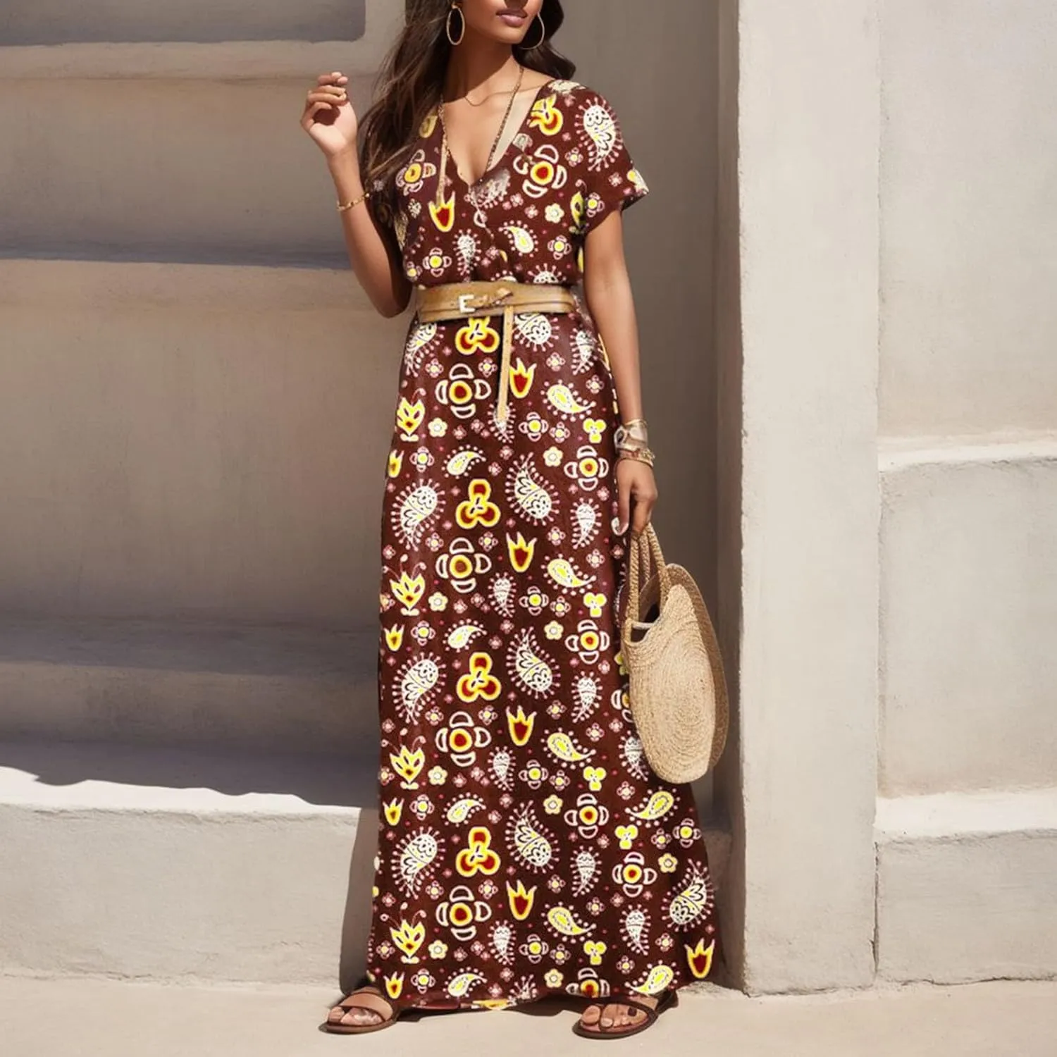 Eduavar Summer Dresses for Women 2024, Boho Dresses for Women 2024 Floral Print Long Dress Sexy V Neck Short Sleeveless Dress