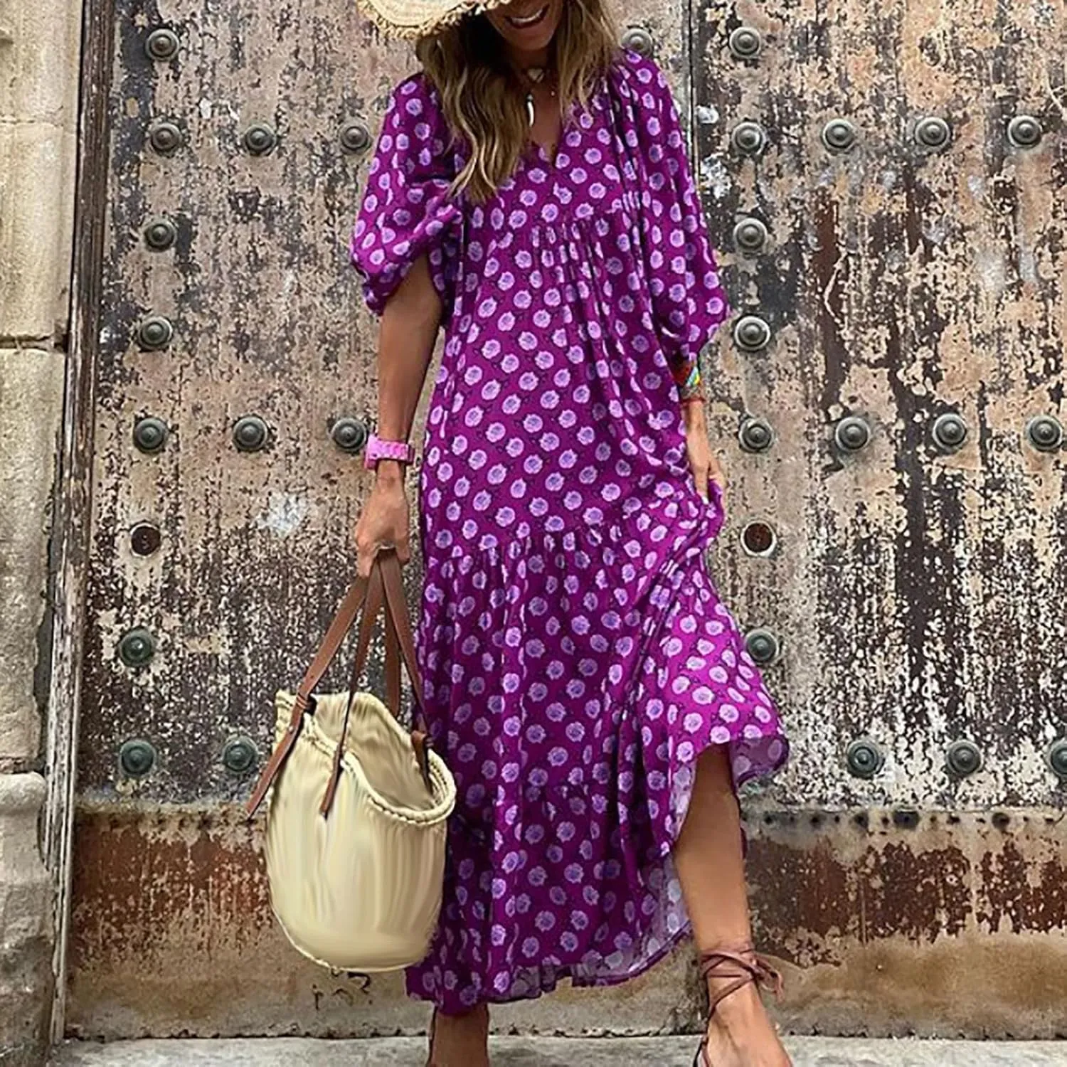 Eduavar Summer Dresses for Women 2024, Maxi Dress for Women Summer Boho Flowy Long Dress Short Sleeve Loose Fit Dress