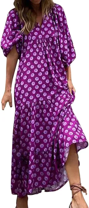 Eduavar Summer Dresses for Women 2024, Maxi Dress for Women Summer Boho Flowy Long Dress Short Sleeve Loose Fit Dress