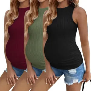 Ekouaer Women Maternity Tank Tops 3 Packs Crew Neck Ribbed Pregnancy Shirts Mama Clothes