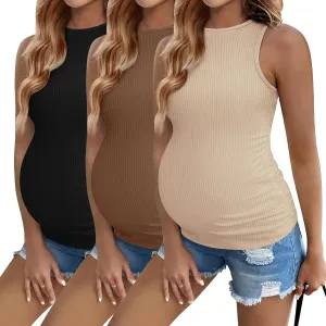 Ekouaer Women Maternity Tank Tops 3 Packs Crew Neck Ribbed Pregnancy Shirts Mama Clothes