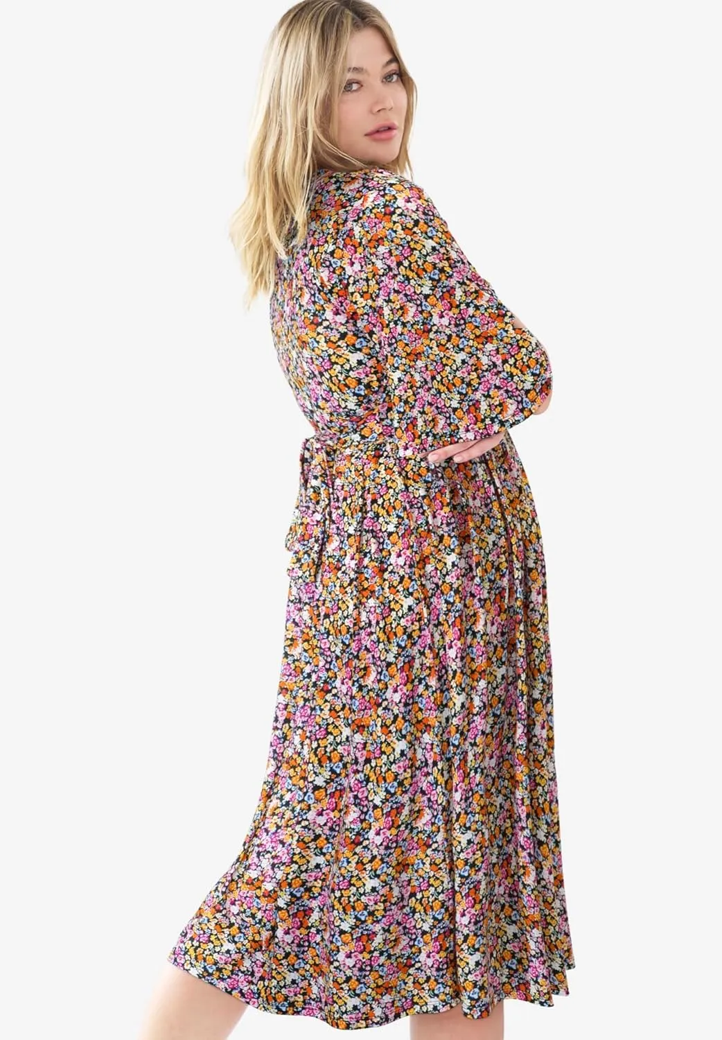 ellos Women's Plus Size Surplice Tie Back Midi Dress