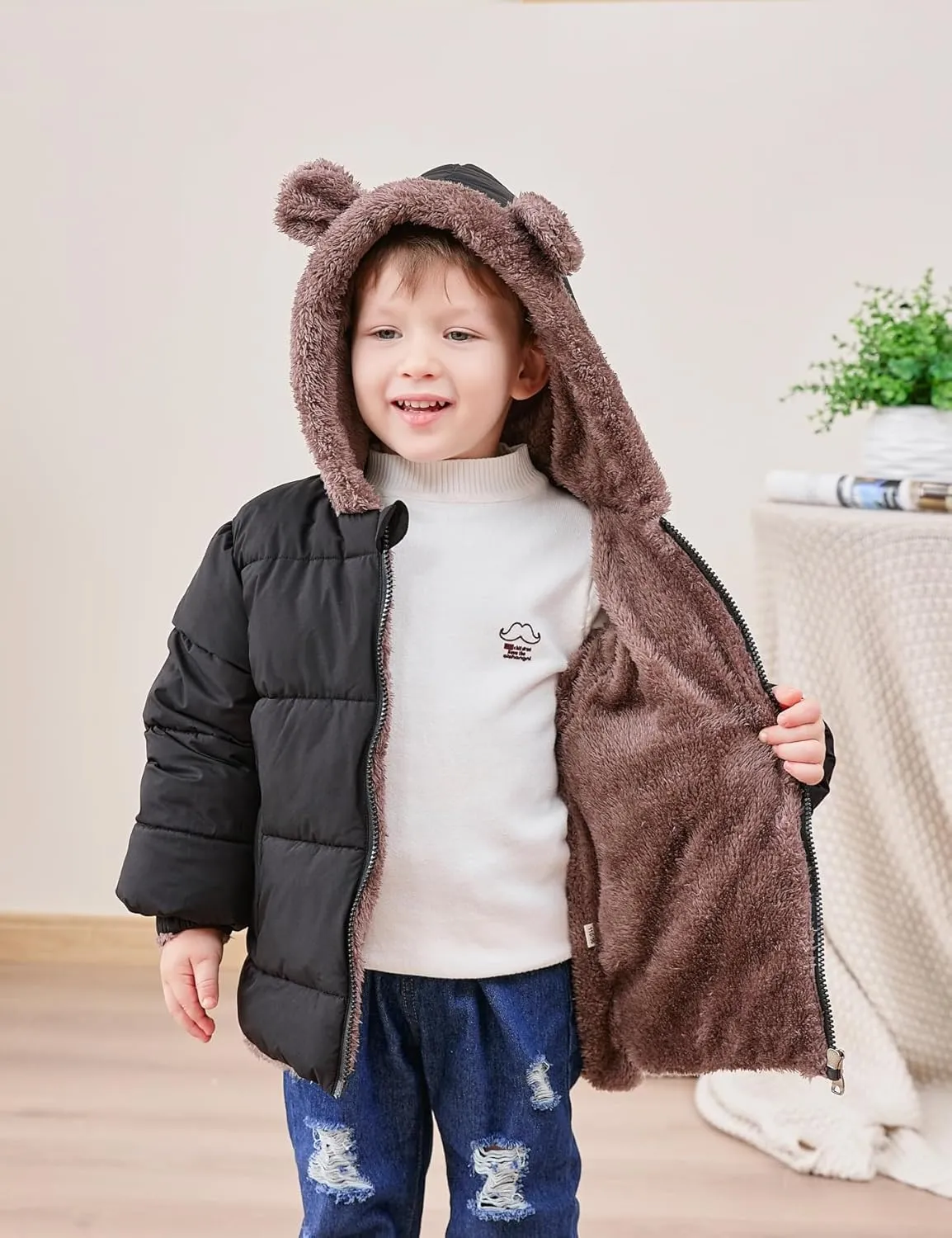 Enlifety 6M-5T Baby Toddler Winter Fleece Coat Boys Girls Cute Bear Ear Hooded Jackets with Pockets