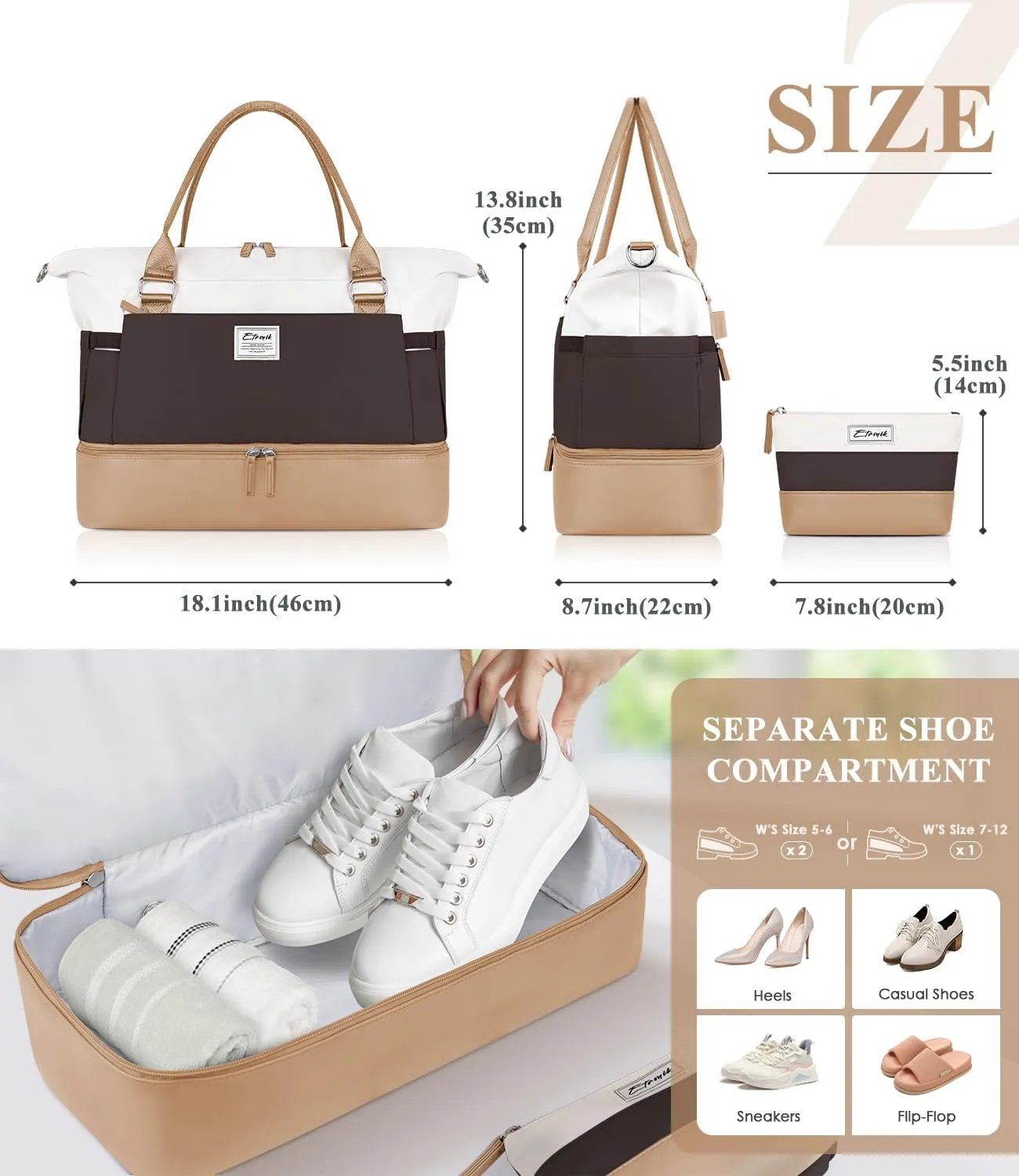 ETRONIK Weekender Bags for Women, Personal Item Travel Bag with Shoe Compartment, Carry On Overnight Bag with Toiletry Bag, Gym Bag with Wet Pocket, Duffel Bag for Travel, Sports, Hospital Khaki&Brown