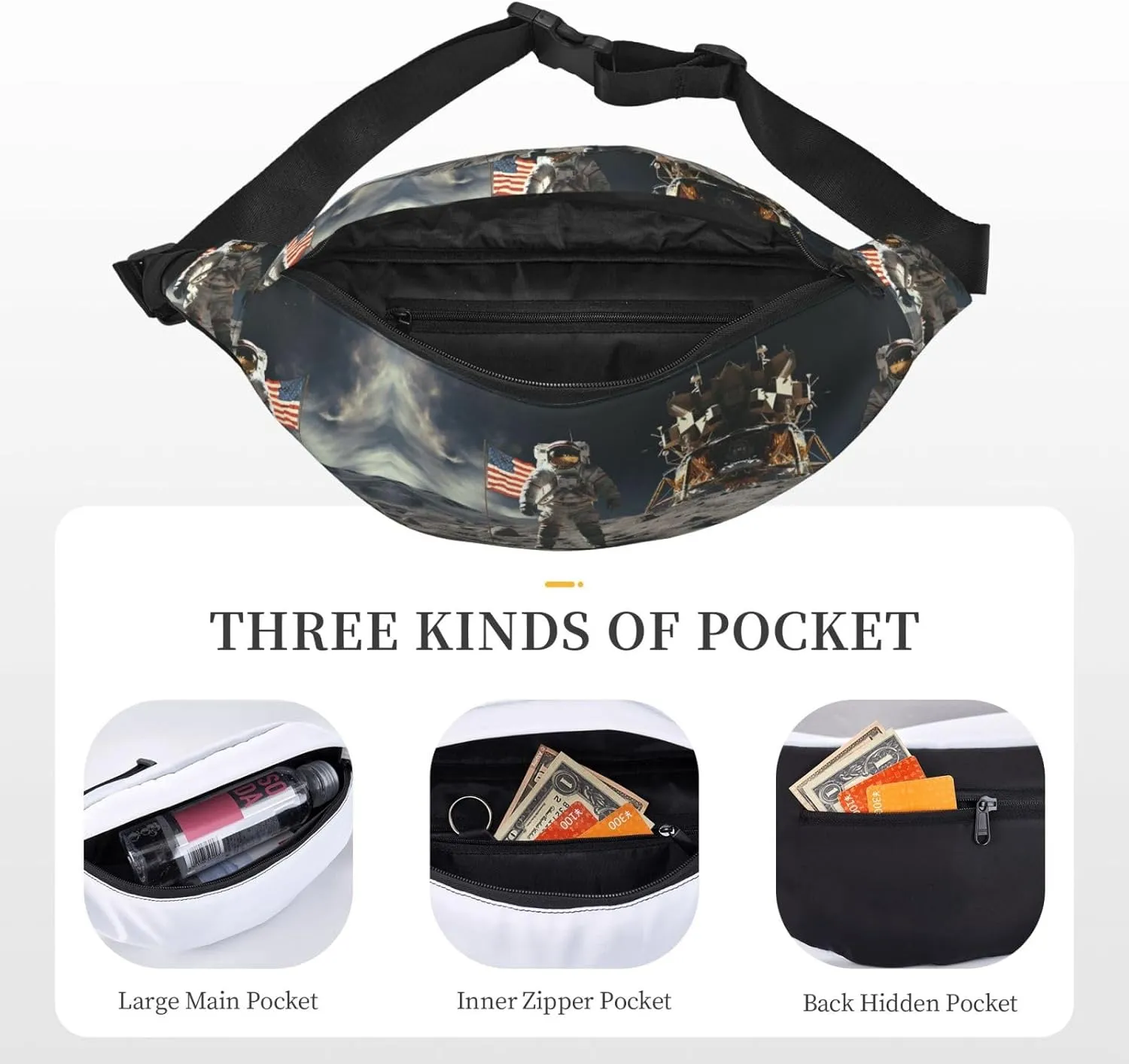 Fanny Pack for Women Men Astronaut Landing on The Moon Waist Bag Waterproof Belt Bag with Adjustable Strap