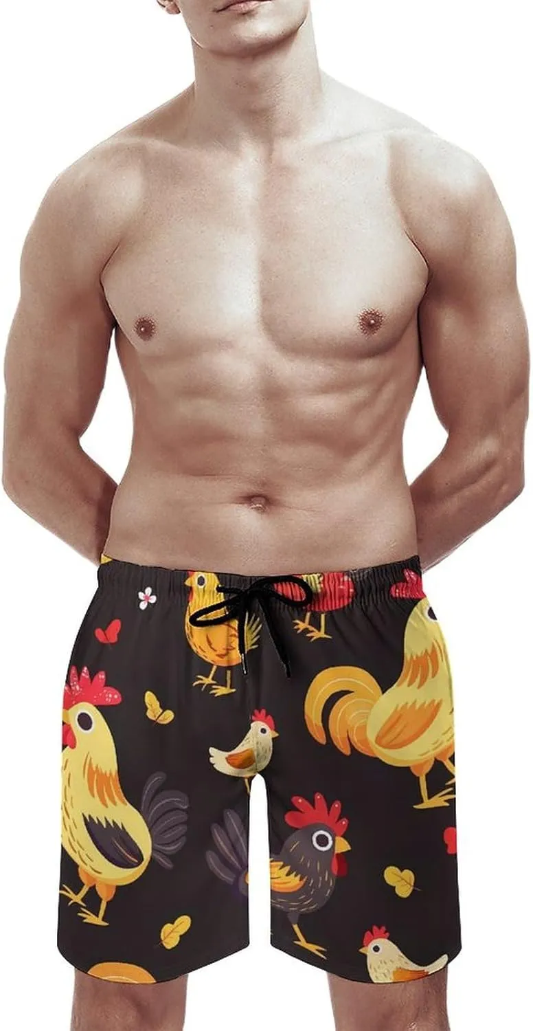 Farmhouse Rooster Chicken Hen Men's Swim Trunks Quick Dry Board Shorts Breathable Summer Beach Shorts Bathing Suits
