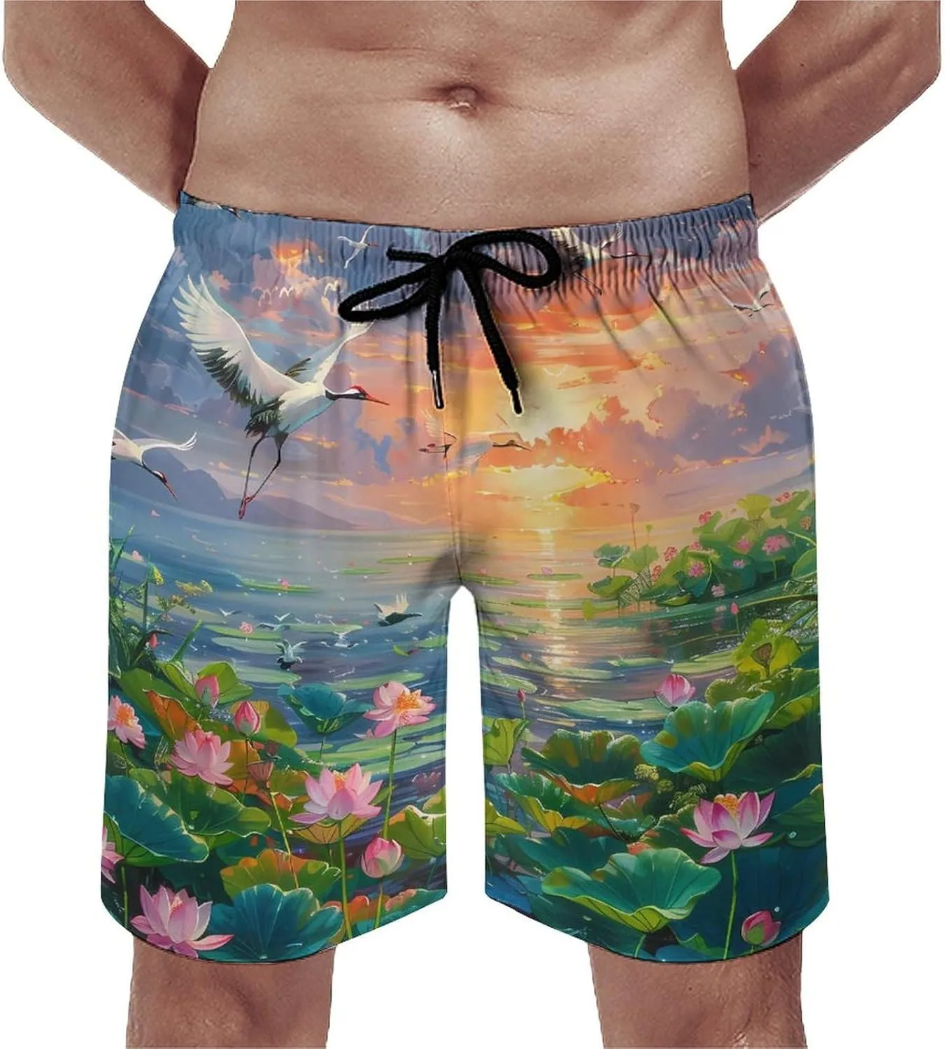 Feng Shui Lotuses Flower Blooming Men's Swim Trunks Quick Dry Board Shorts Breathable Summer Beach Shorts Bathing Suits