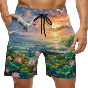 Feng Shui Lotuses Flower Blooming Men's Swim Trunks Quick Dry Board Shorts Breathable Summer Beach Shorts Bathing Suits