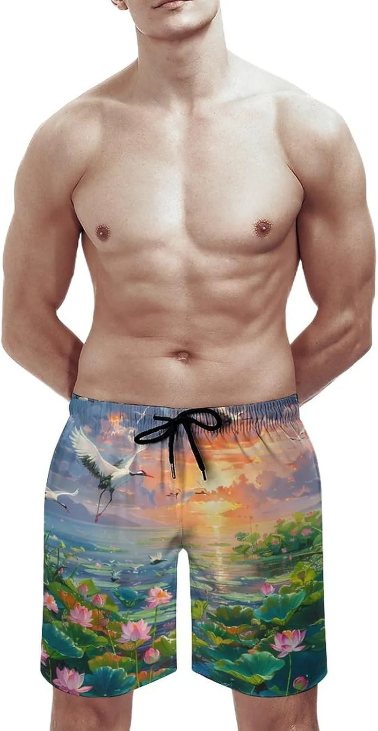 Feng Shui Lotuses Flower Blooming Men's Swim Trunks Quick Dry Board Shorts Breathable Summer Beach Shorts Bathing Suits