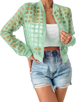 Floerns Women's Hollow Out Long Sleeve Baseball Collar Zip Up Bomber Jacket