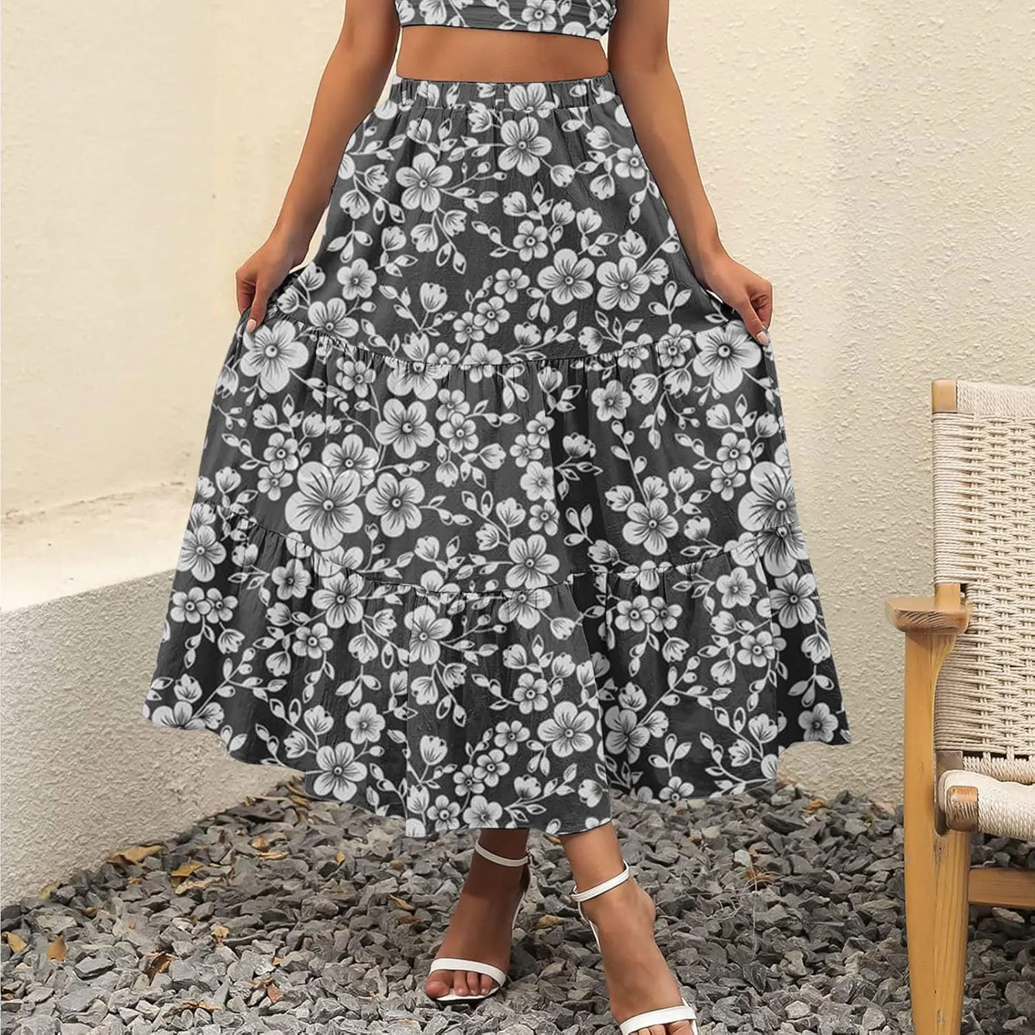 Flowy Pleated Maxi Midi Skirts for Women Casual Summer Boho Maxi Skirt Solid Color High Waisted Swing Tiered A-Line Skirt