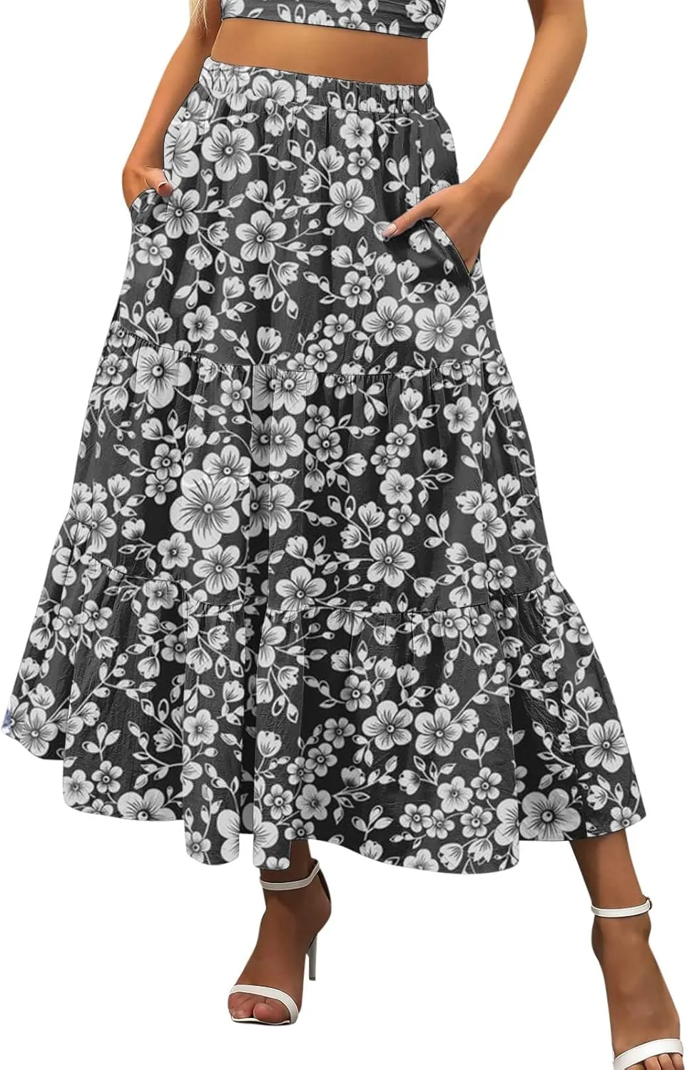 Flowy Pleated Maxi Midi Skirts for Women Casual Summer Boho Maxi Skirt Solid Color High Waisted Swing Tiered A-Line Skirt