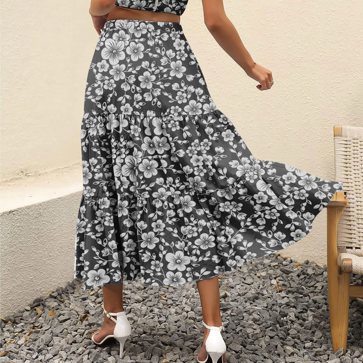 Flowy Pleated Maxi Midi Skirts for Women Casual Summer Boho Maxi Skirt Solid Color High Waisted Swing Tiered A-Line Skirt
