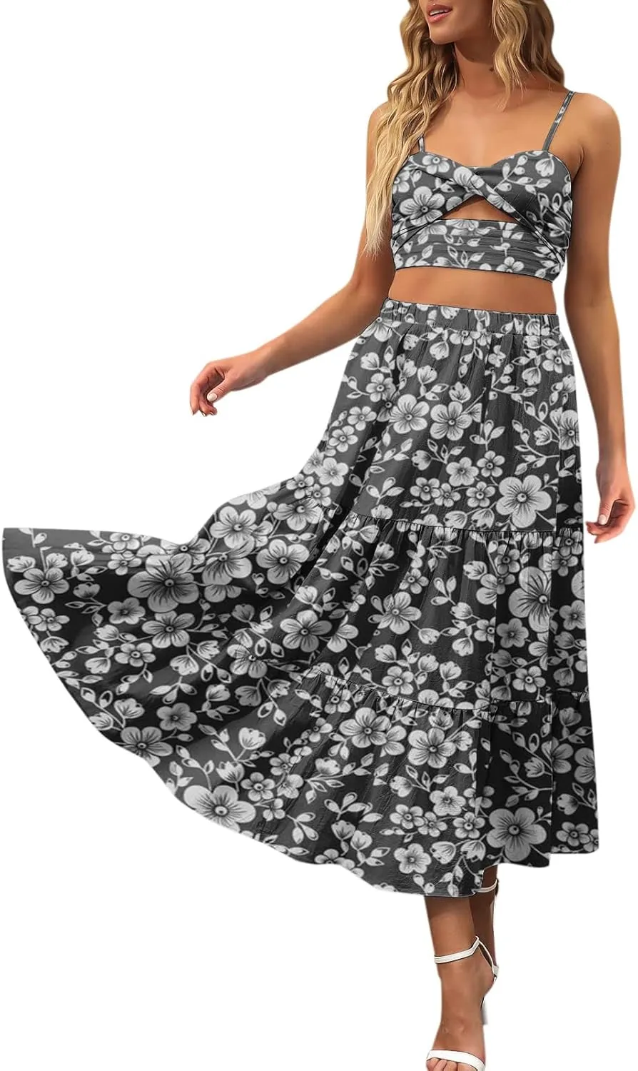 Flowy Pleated Maxi Midi Skirts for Women Casual Summer Boho Maxi Skirt Solid Color High Waisted Swing Tiered A-Line Skirt
