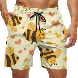 Flying Yellow Bees Hearts Men's Swim Trunks Quick Dry Board Shorts Breathable Summer Beach Shorts Bathing Suits