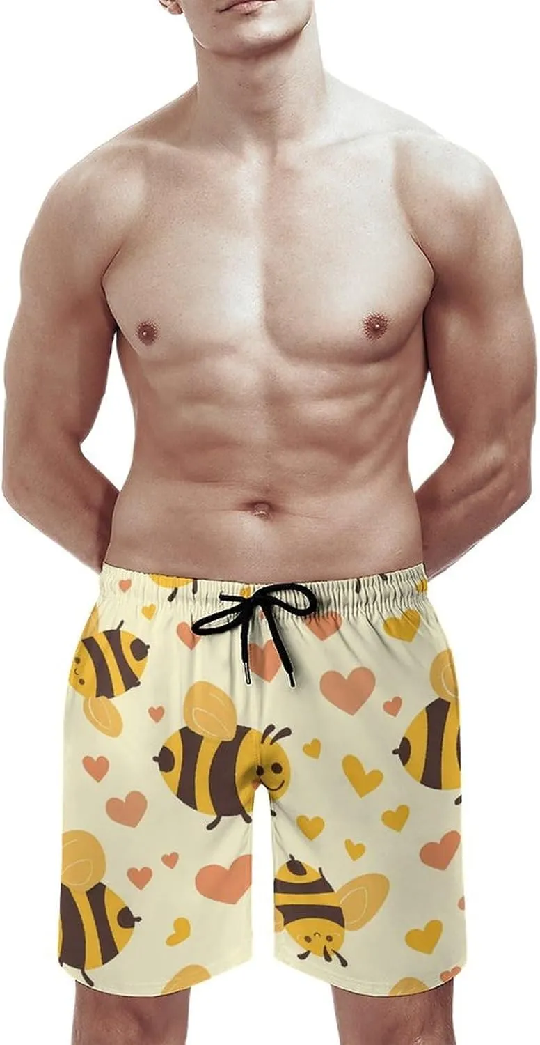 Flying Yellow Bees Hearts Men's Swim Trunks Quick Dry Board Shorts Breathable Summer Beach Shorts Bathing Suits