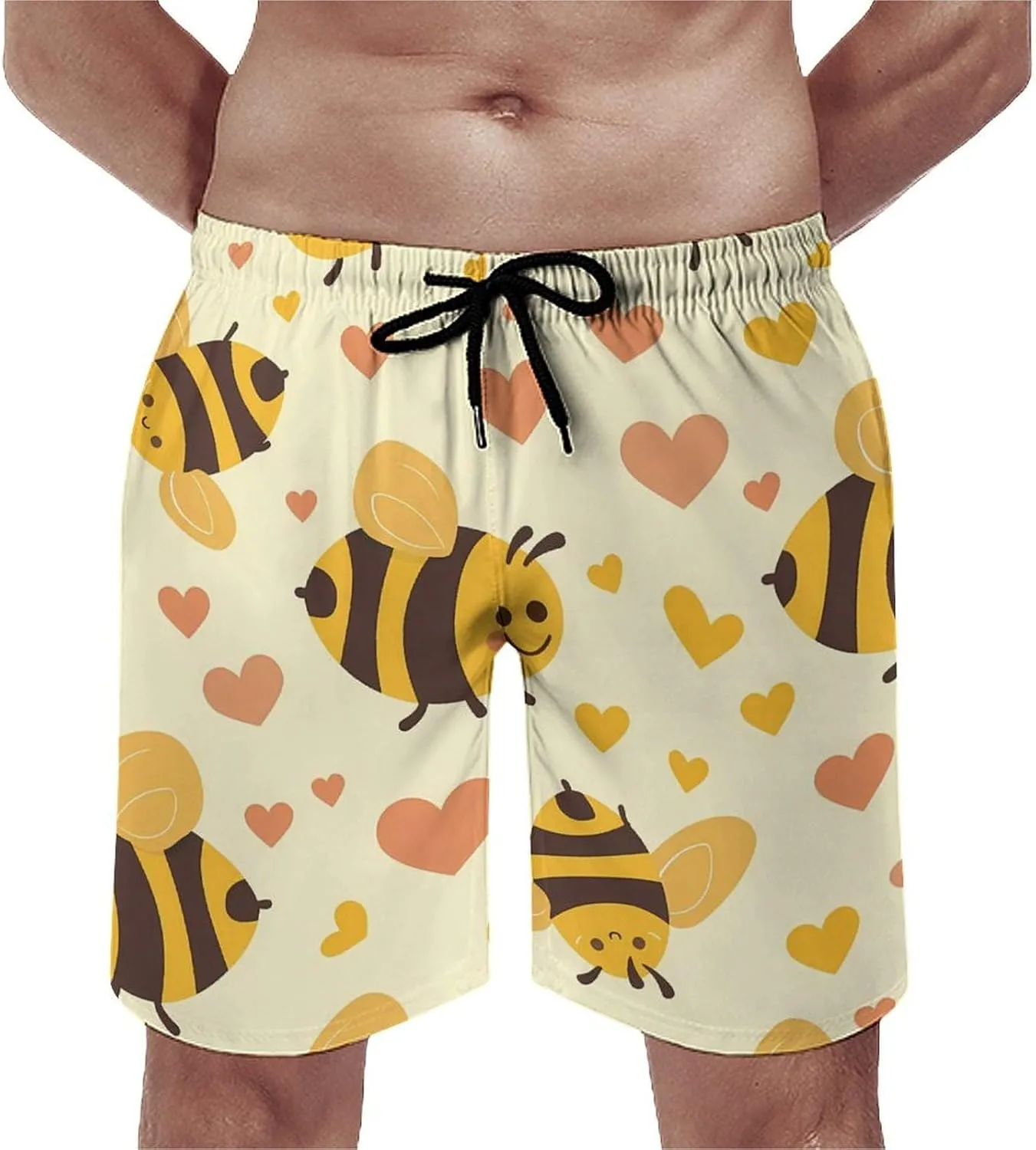 Flying Yellow Bees Hearts Men's Swim Trunks Quick Dry Board Shorts Breathable Summer Beach Shorts Bathing Suits
