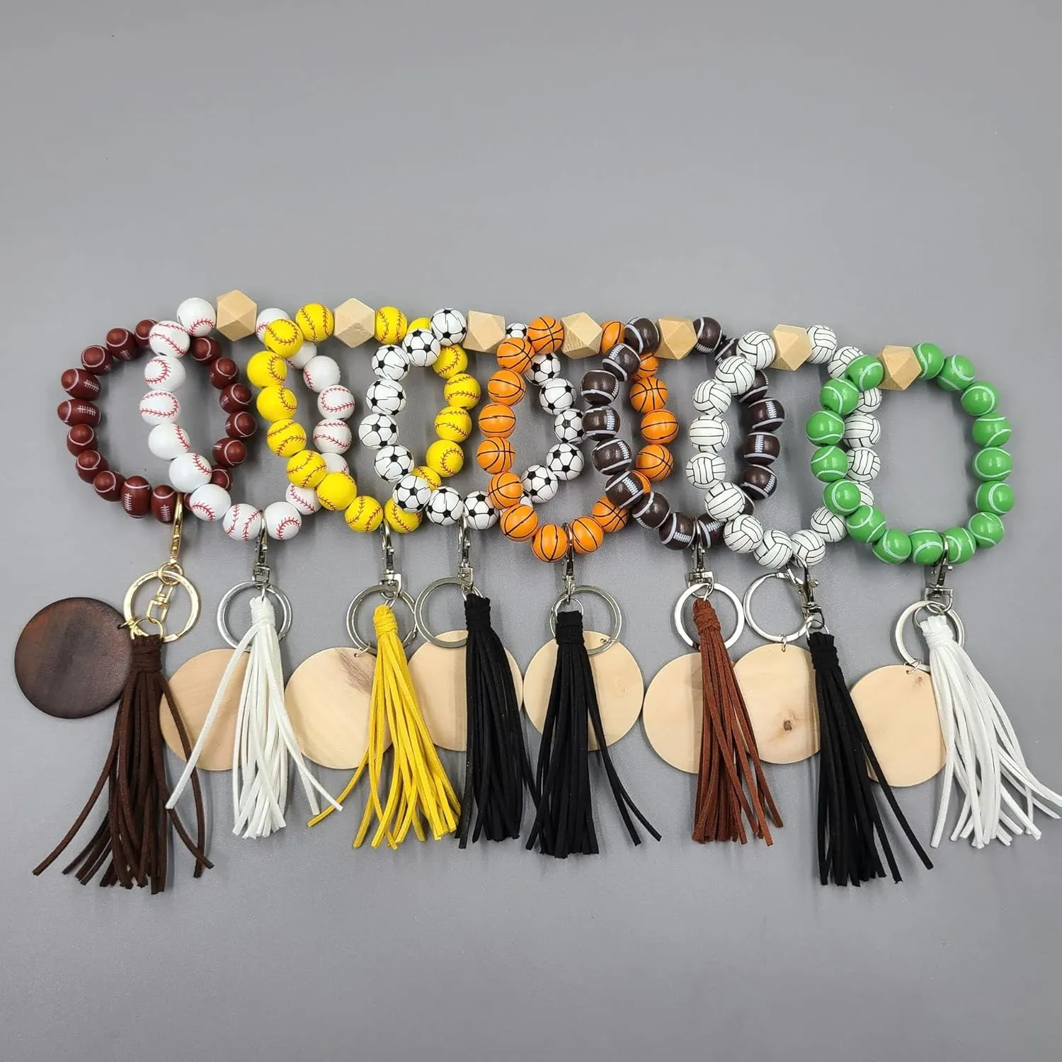 Fuqimanman2020 Wooden Bead Sports Charm Wristlet Keychain Softball Baseball Wood Tassel Key Ring