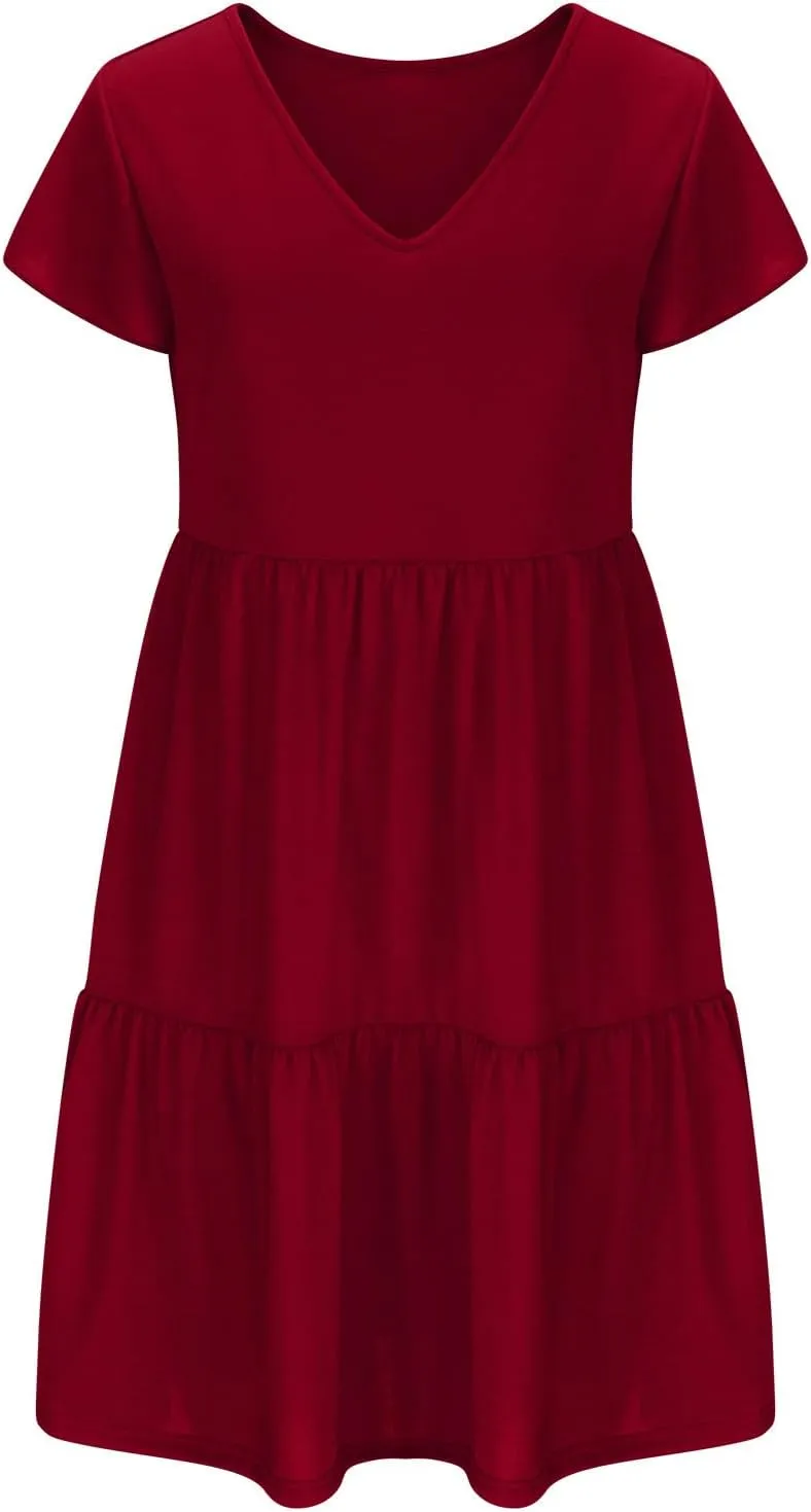 FZYLQY Womens 2024 Summer Casual Dresses Short Sleeve Ruffle V Neck Beach Mini Dress Smocked High Waist Short Sundresses